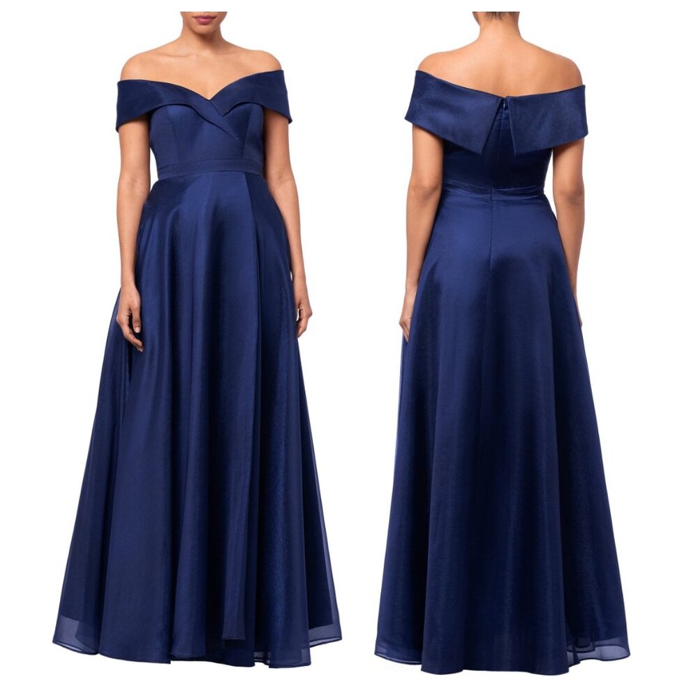 XSCAPE Off the Shoulder Organza Gown in Navy